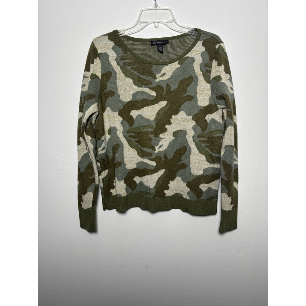 INC International Concepts Green Camo Pullover Sweater Lg Slv Women L w/Gold
